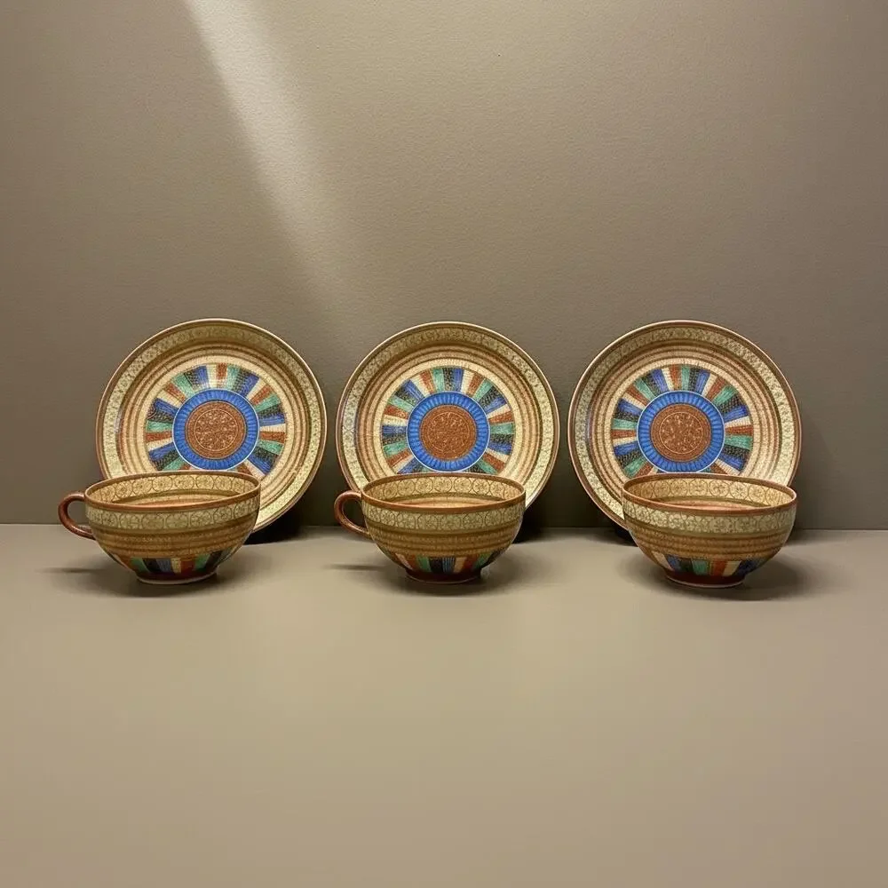 Antique Japanese 1000 Faces Porcelain Tea Cups & Saucers-Set of 3-Art Deco-Asian
